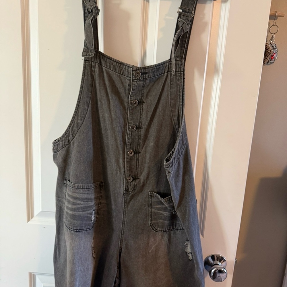 easel Washed Black Distressed Denim Short Overalls - Picture 5 of 6